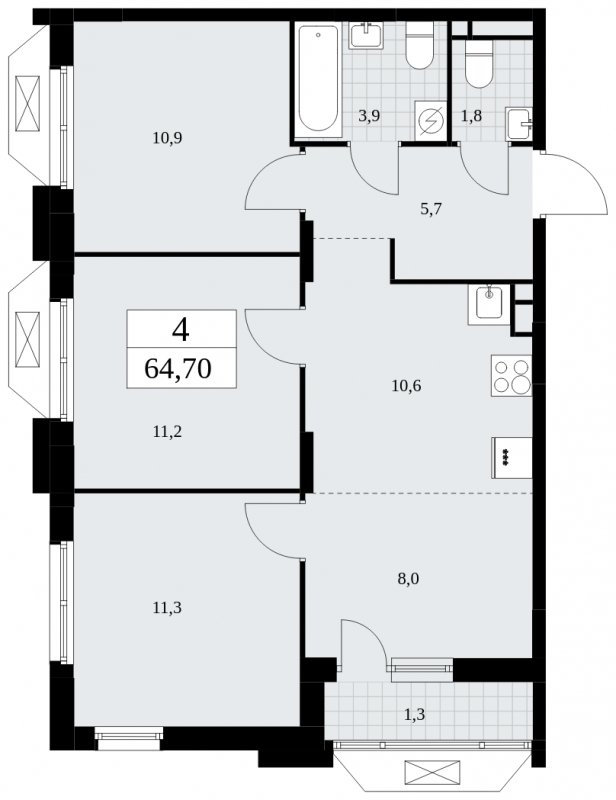 4-комнатная квартира (евро) с частичной отделкой, 64.7 м2, 8 этаж, сдача 4 квартал 2024 г., ЖК Бунинские кварталы, корпус 1.2 - объявление 1834427 - фото №1