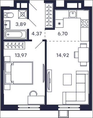1-комнатная квартира без отделки, 43.85 м2, 14 этаж, сдача 2 квартал 2025 г., ЖК Квартал Тетрис, корпус "Квартал Тетрис 2.2" - объявление 2005432 - фото №1