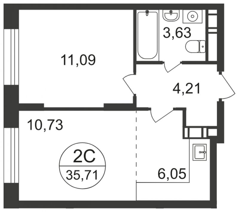 2-комнатная квартира с полной отделкой, 35.71 м2, 3 этаж, сдача 3 квартал 2023 г., ЖК Люберцы, корпус 66 - объявление 1682339 - фото №1