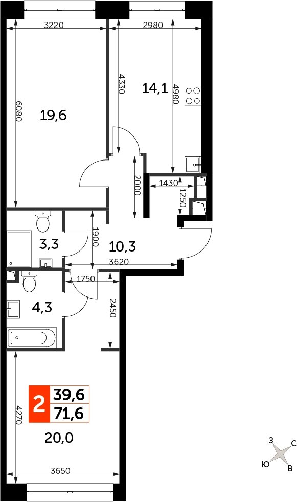 2-комнатная квартира с полной отделкой, 71.6 м2, 9 этаж, сдача 3 квартал 2024 г., ЖК Sydney City, корпус 2.1 - объявление 2207314 - фото №1