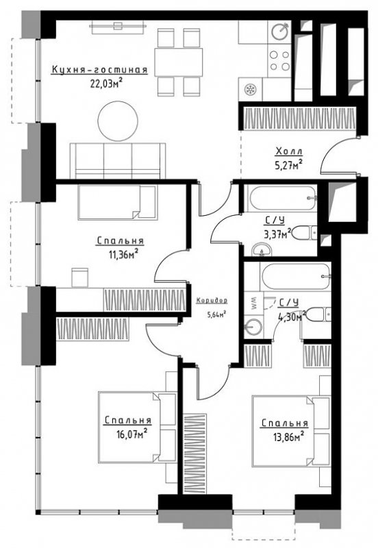 3-комнатная квартира с частичной отделкой, 81.77 м2, 24 этаж, сдача 3 квартал 2023 г., ЖК Метрополия, корпус Venice - объявление 1786140 - фото №1