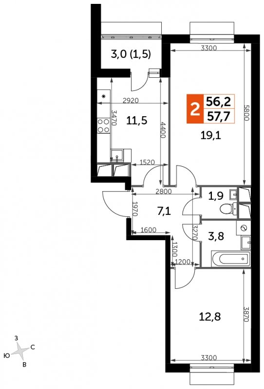 2-комнатная квартира с частичной отделкой, 57.7 м2, 6 этаж, сдача 3 квартал 2023 г., ЖК UP-квартал Римский, корпус 7 - объявление 1580380 - фото №1