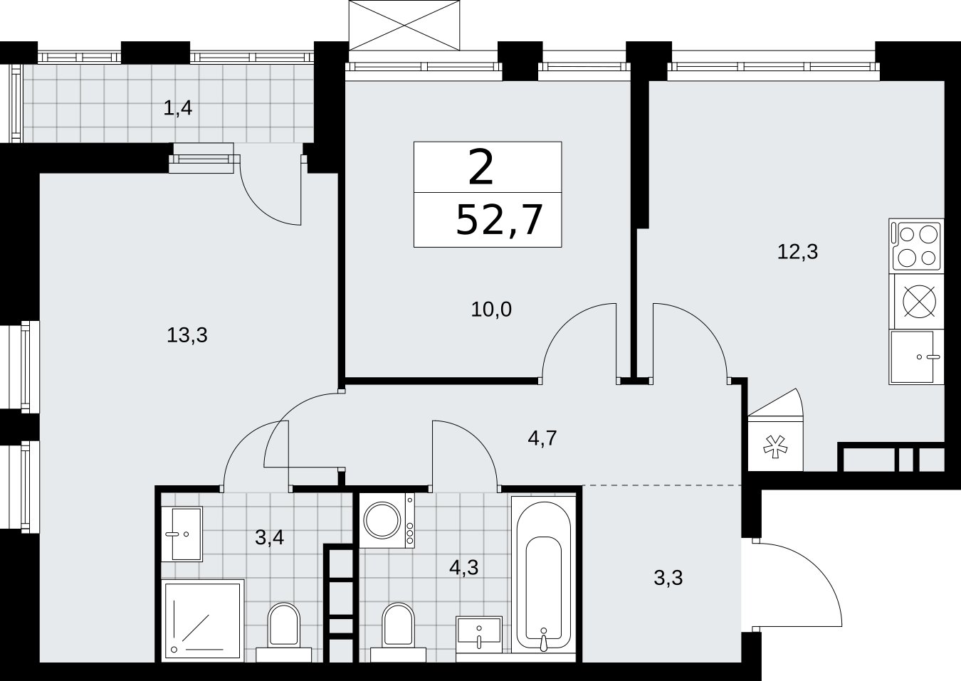 2-комнатная квартира без отделки, 52.7 м2, 7 этаж, сдача 2 квартал 2026 г., ЖК Бунинские кварталы, корпус 5.4 - объявление 2297700 - фото №1