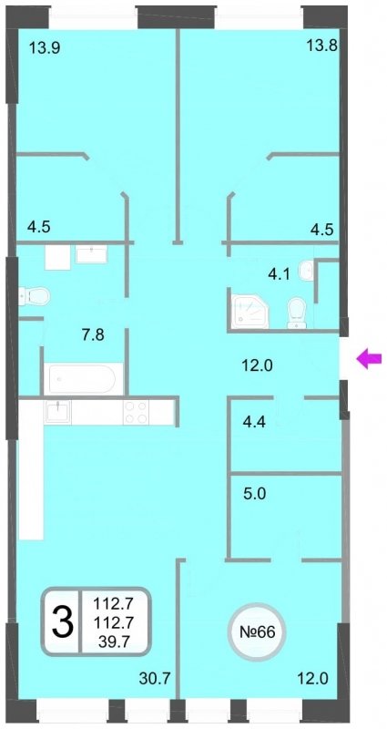 3-комнатная квартира без отделки, 112.7 м2, 2 этаж, дом сдан, ЖК Хорошевский, корпус 1 - объявление 1067714 - фото №1