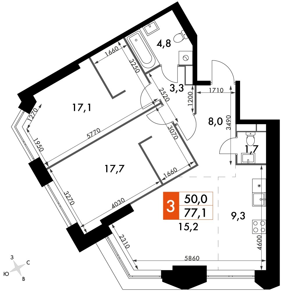 3-комнатная квартира без отделки, 77.1 м2, 37 этаж, сдача 4 квартал 2023 г., ЖК Архитектор, корпус 3 - объявление 2207421 - фото №1