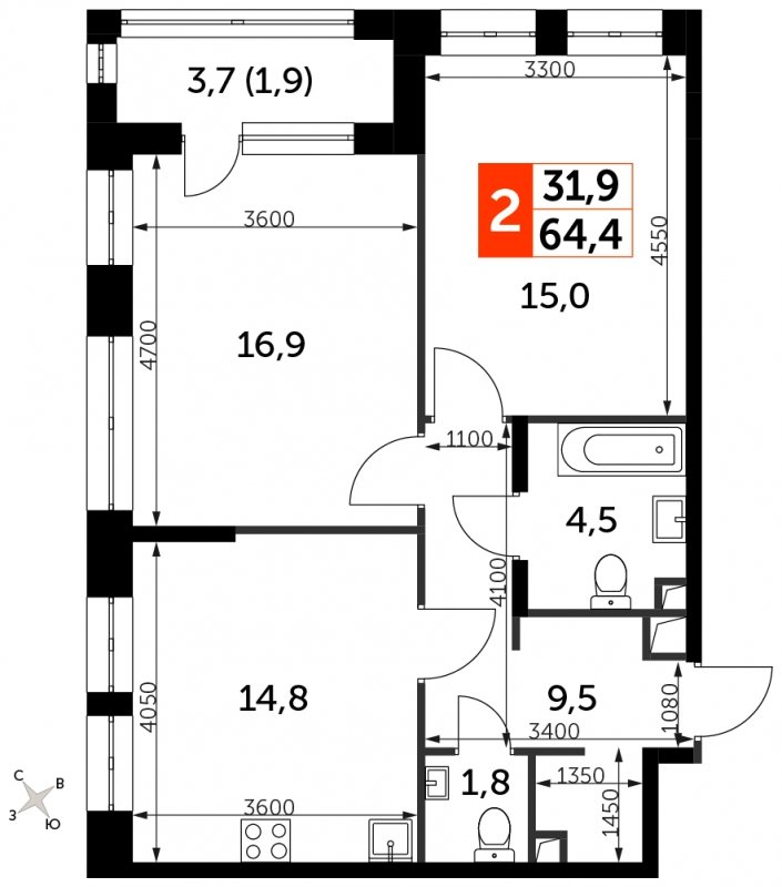 2-комнатная квартира с полной отделкой, 64.4 м2, 2 этаж, сдача 3 квартал 2024 г., ЖК Sydney City, корпус 2.1 - объявление 1608192 - фото №1