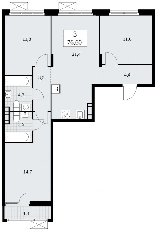 3-комнатная квартира без отделки, 76.6 м2, 8 этаж, сдача 4 квартал 2024 г., ЖК Бунинские кварталы, корпус 2.4 - объявление 1882660 - фото №1