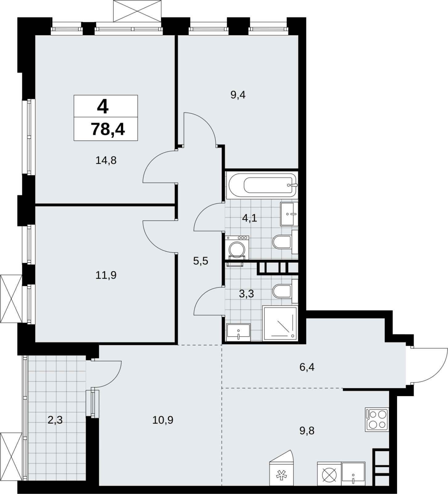 4-комнатная квартира (евро) без отделки, 78.4 м2, 12 этаж, сдача 4 квартал 2026 г., ЖК Скандинавия, корпус 2.18.1.3 - объявление 2350850 - фото №1