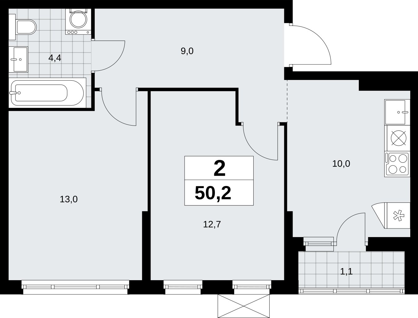 2-комнатная квартира без отделки, 50.2 м2, 10 этаж, сдача 2 квартал 2026 г., ЖК Дзен-кварталы, корпус 6.1.1 - объявление 2327182 - фото №1