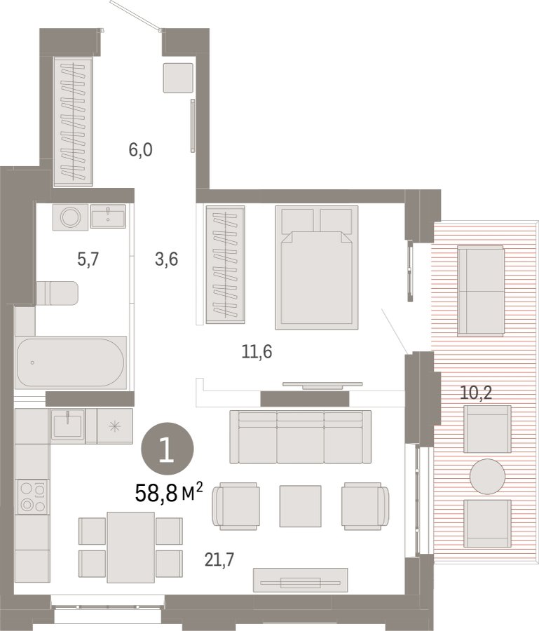 1-комнатная квартира с частичной отделкой, 58.8 м2, 2 этаж, сдача 3 квартал 2026 г., ЖК Квартал Метроном, корпус 1 - объявление 2331061 - фото №1