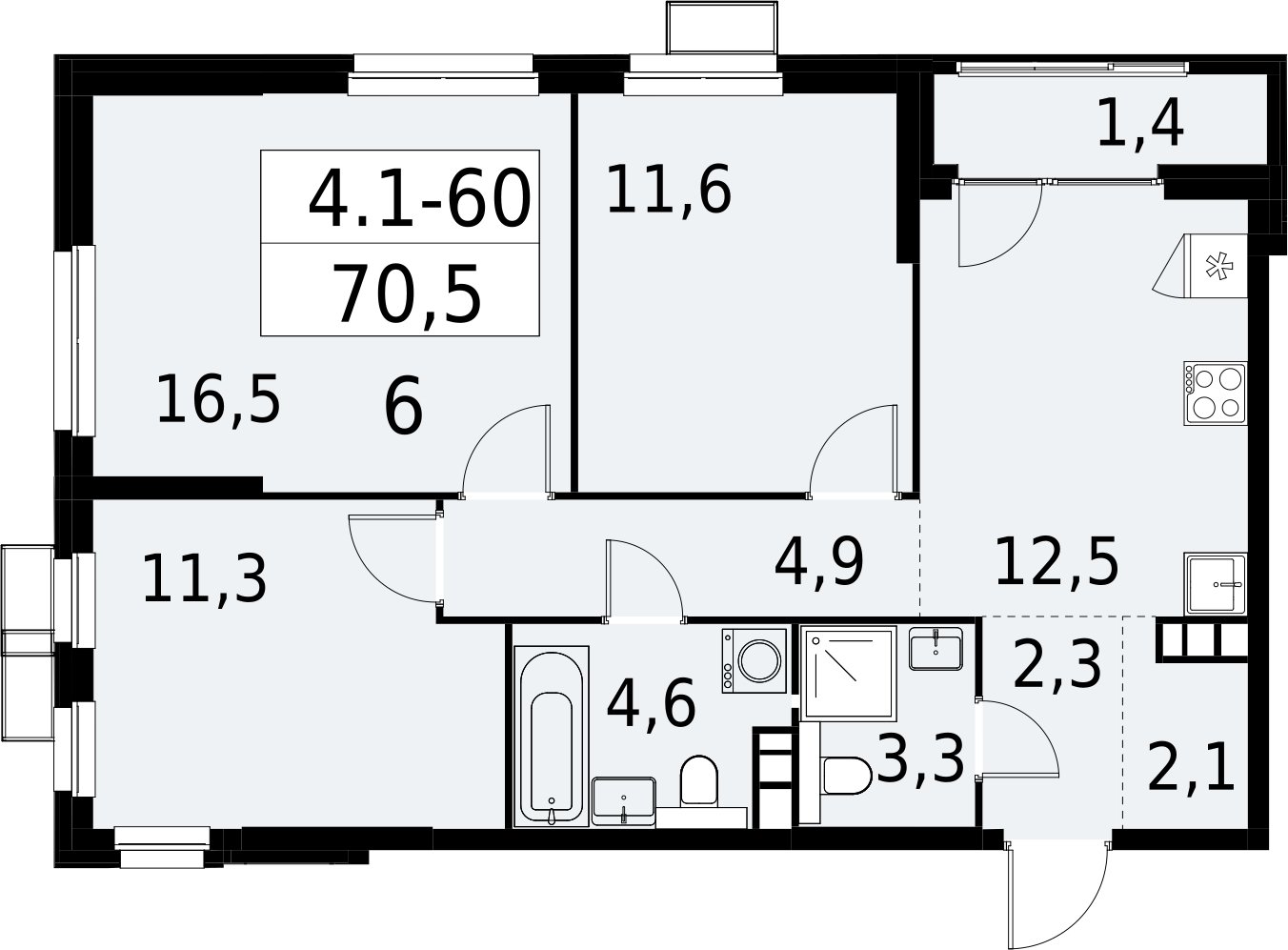 3-комнатная квартира с полной отделкой, 70.5 м2, 11 этаж, сдача 2 квартал 2027 г., ЖК Южные сады, корпус 4.1.1 - объявление 2392601 - фото №1
