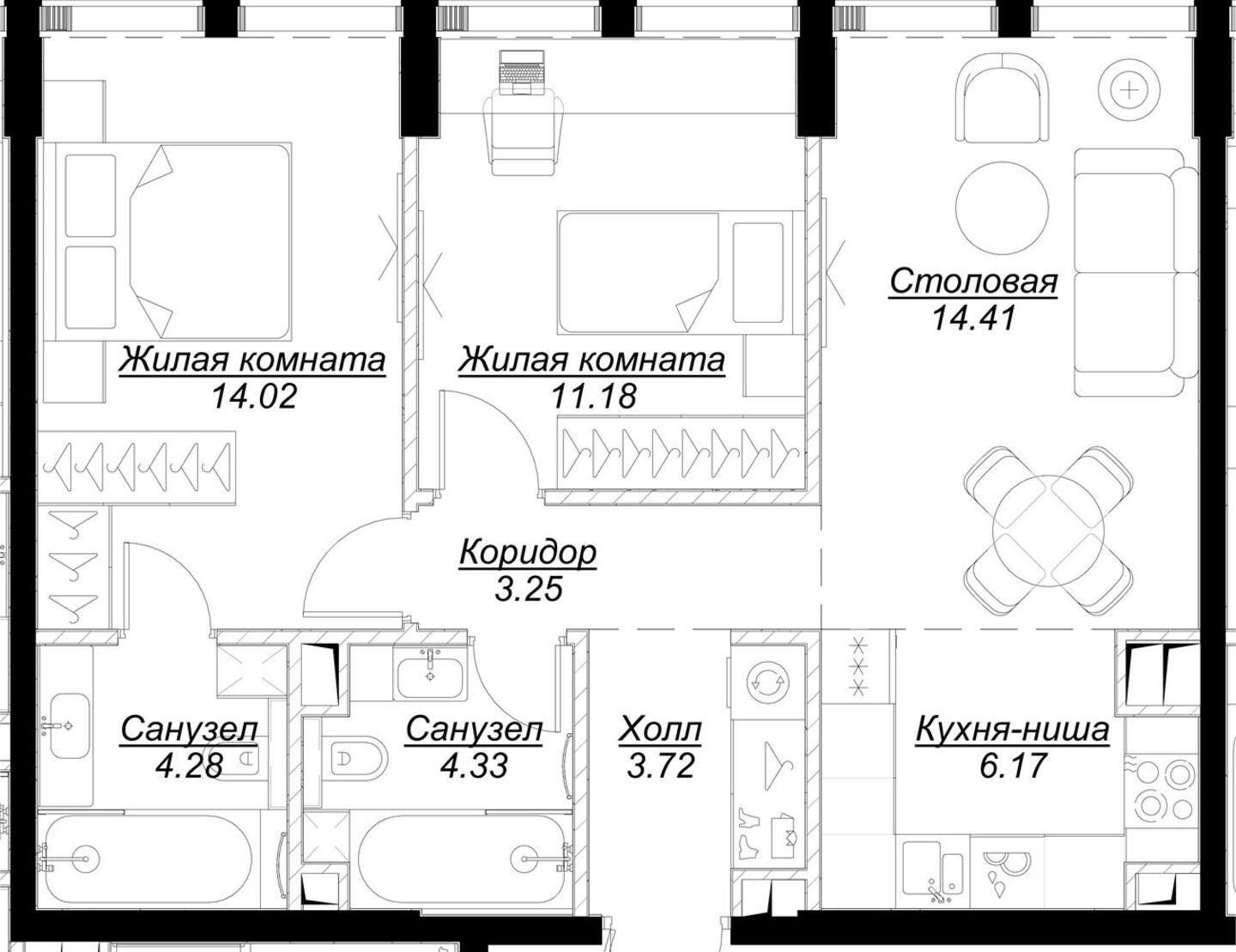 2-комнатная квартира с частичной отделкой, 61.93 м2, 34 этаж, сдача 4 квартал 2024 г., ЖК MOD, корпус Camus - объявление 2212979 - фото №1
