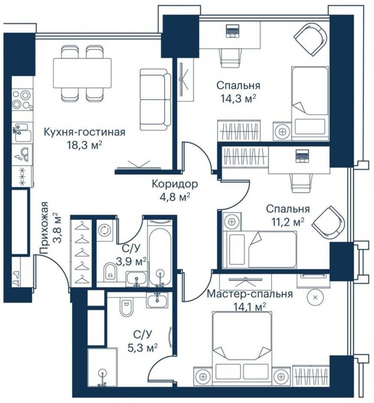 3-комнатная квартира с частичной отделкой, 76.04 м2, 16 этаж, сдача 2 квартал 2024 г., ЖК City Bay, корпус Indian Ocean 1 - объявление 1671546 - фото №1