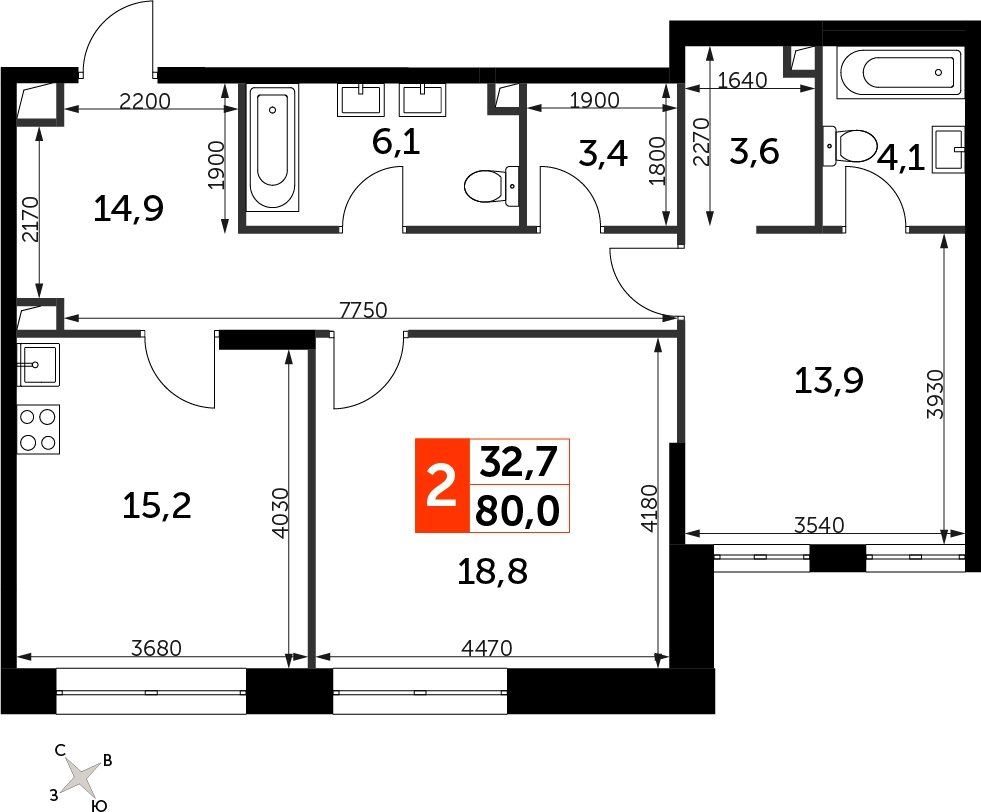 2-комнатная квартира с частичной отделкой, 80 м2, 3 этаж, сдача 3 квартал 2024 г., ЖК Sydney City, корпус 2.1 - объявление 2323045 - фото №1