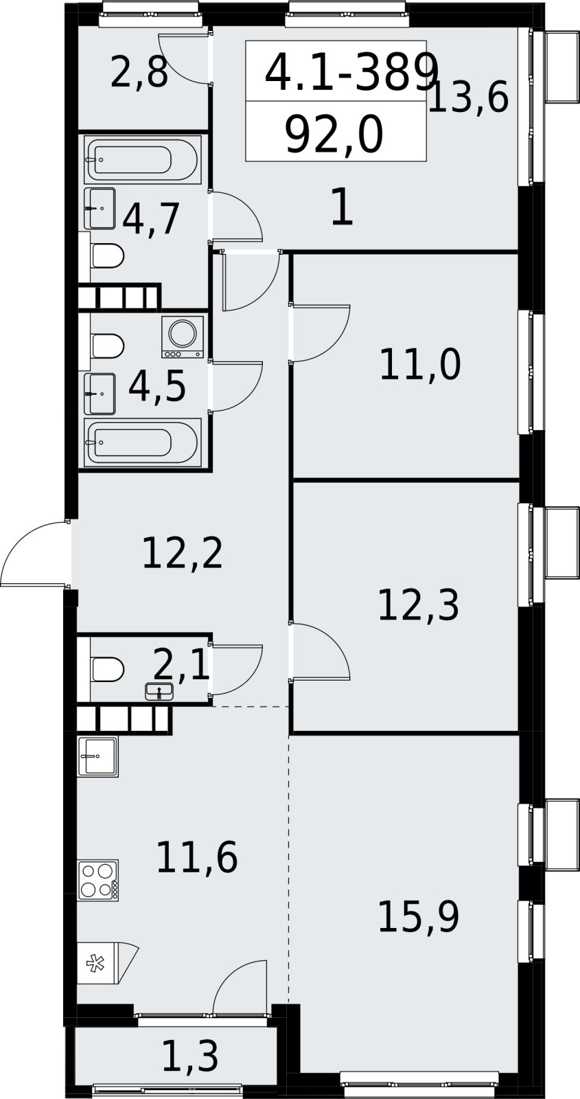 4-комнатная квартира (евро) с полной отделкой, 92 м2, 26 этаж, сдача 2 квартал 2027 г., ЖК Южные сады, корпус 4.1.2 - объявление 2392895 - фото №1