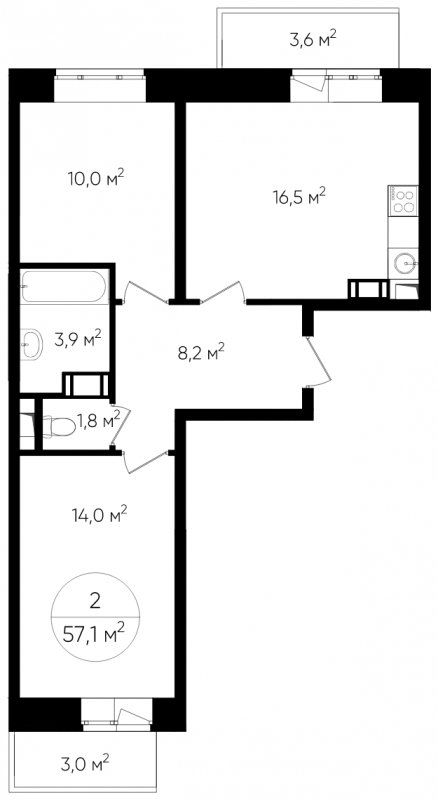 2-комнатная квартира с полной отделкой, 57.1 м2, 14 этаж, дом сдан, ЖК Люберцы, корпус 60 - объявление 1764221 - фото №1