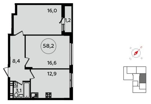2-комнатная квартира без отделки, 58.2 м2, 15 этаж, сдача 1 квартал 2022 г., ЖК Скандинавия, корпус 13.1 - объявление 1412134 - фото №1