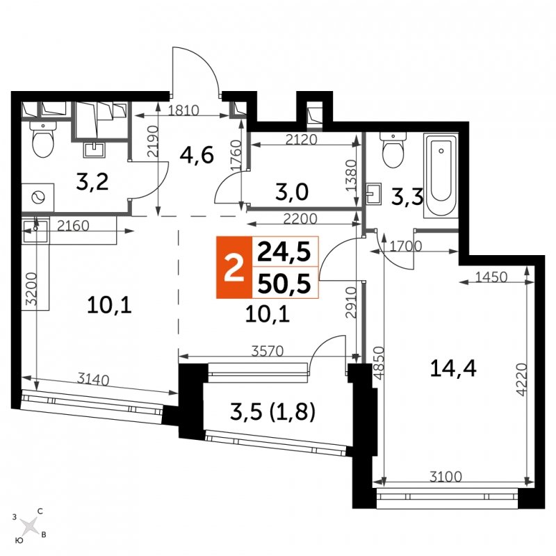 2-комнатная квартира с частичной отделкой, 50.5 м2, 27 этаж, сдача 4 квартал 2024 г., ЖК ROTTERDAM, корпус 2.1 - объявление 1954408 - фото №1