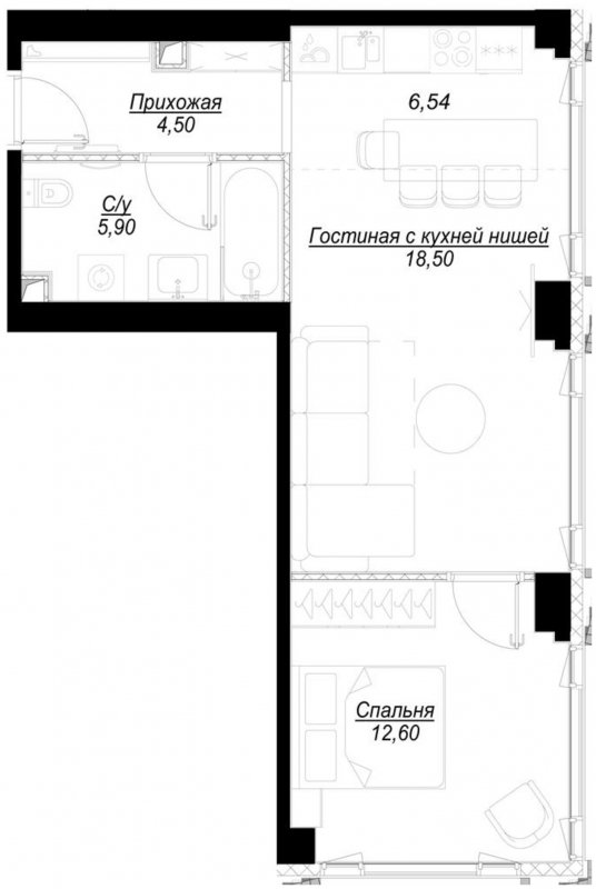 1-комнатная квартира с частичной отделкой, 47.9 м2, 5 этаж, сдача 1 квартал 2023 г., ЖК Hide, корпус WestDale - объявление 1707044 - фото №1