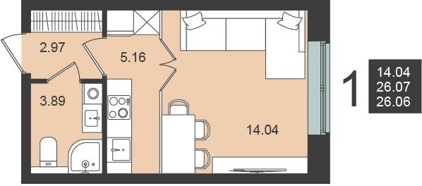 1-комнатная квартира без отделки, 26.06 м2, 5 этаж, сдача 1 квартал 2024 г., ЖК Мишино-2, корпус 5 - объявление 2149825 - фото №1