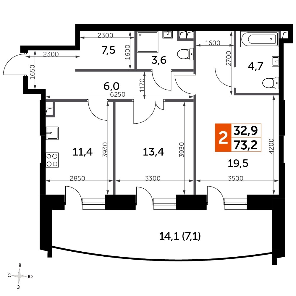 2-комнатная квартира с частичной отделкой, 73.2 м2, 14 этаж, сдача 3 квартал 2024 г., ЖК Sydney City, корпус 2.2 - объявление 2207355 - фото №1