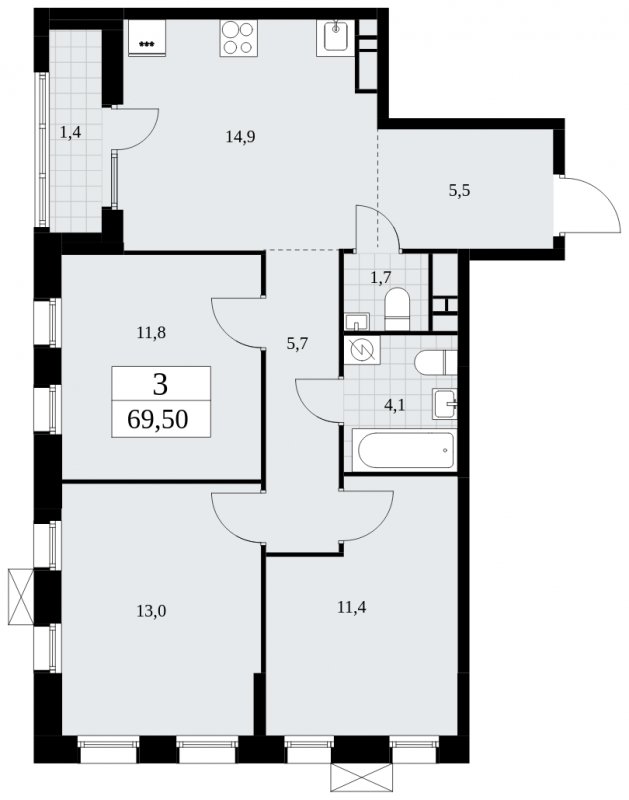 3-комнатная квартира с частичной отделкой, 69.5 м2, 8 этаж, сдача 1 квартал 2025 г., ЖК Дзен-кварталы, корпус 1.1 - объявление 1895523 - фото №1