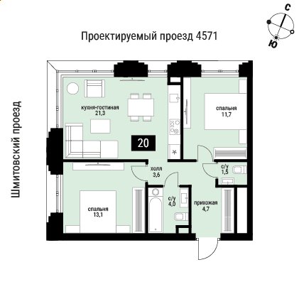 2-комнатная квартира без отделки, 59.9 м2, 4 этаж, сдача 2 квартал 2026 г., ЖК Шелепиха, корпус 1 - объявление 2418622 - фото №1