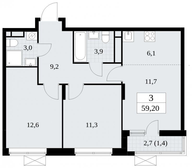 3-комнатная квартира (евро) без отделки, 59.2 м2, 11 этаж, сдача 1 квартал 2025 г., ЖК Прокшино, корпус 5.1.4 - объявление 1810991 - фото №1