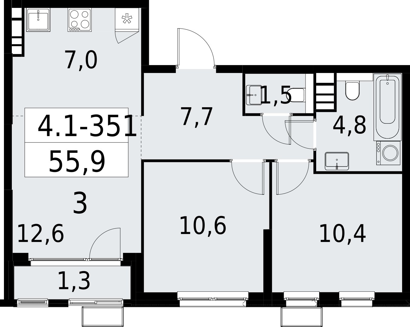3-комнатная квартира (евро) с полной отделкой, 55.9 м2, 18 этаж, сдача 2 квартал 2027 г., ЖК Южные сады, корпус 4.1.2 - объявление 2392859 - фото №1