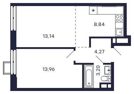 1-комнатная квартира без отделки, 43.41 м2, 12 этаж, сдача 2 квартал 2025 г., ЖК Квартал Тетрис, корпус "Квартал Тетрис 2.1" - объявление 1696573 - фото №1
