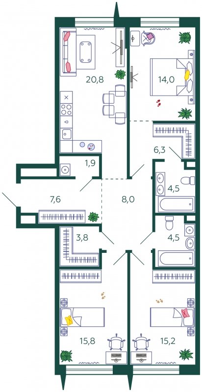 3-комнатная квартира без отделки, 102.4 м2, 7 этаж, сдача 4 квартал 2023 г., ЖК SHAGAL, корпус 1.1 - объявление 1966823 - фото №1