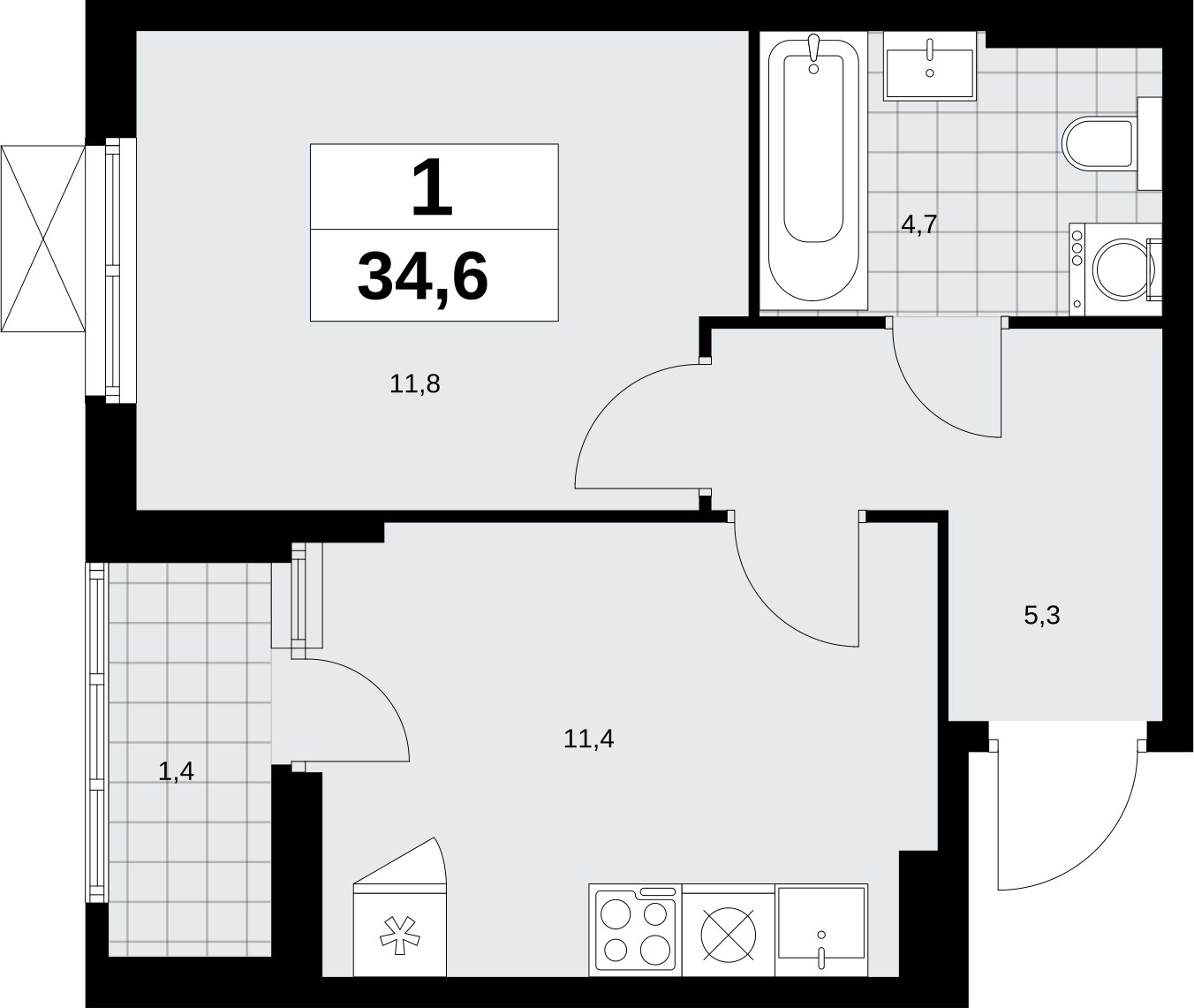 1-комнатная квартира без отделки, 34.6 м2, 5 этаж, сдача 2 квартал 2026 г., ЖК Дзен-кварталы, корпус 6.1.2 - объявление 2327241 - фото №1