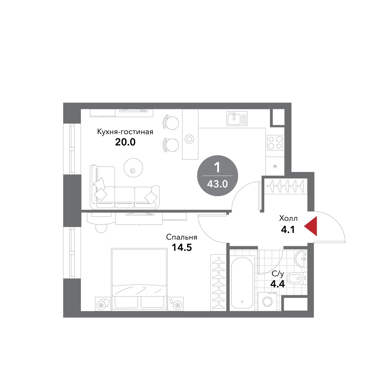 1-комнатные апартаменты без отделки, 43 м2, 9 этаж, сдача 3 квартал 2025 г., ЖК VOXHALL, корпус 4 - объявление 1981054 - фото №1