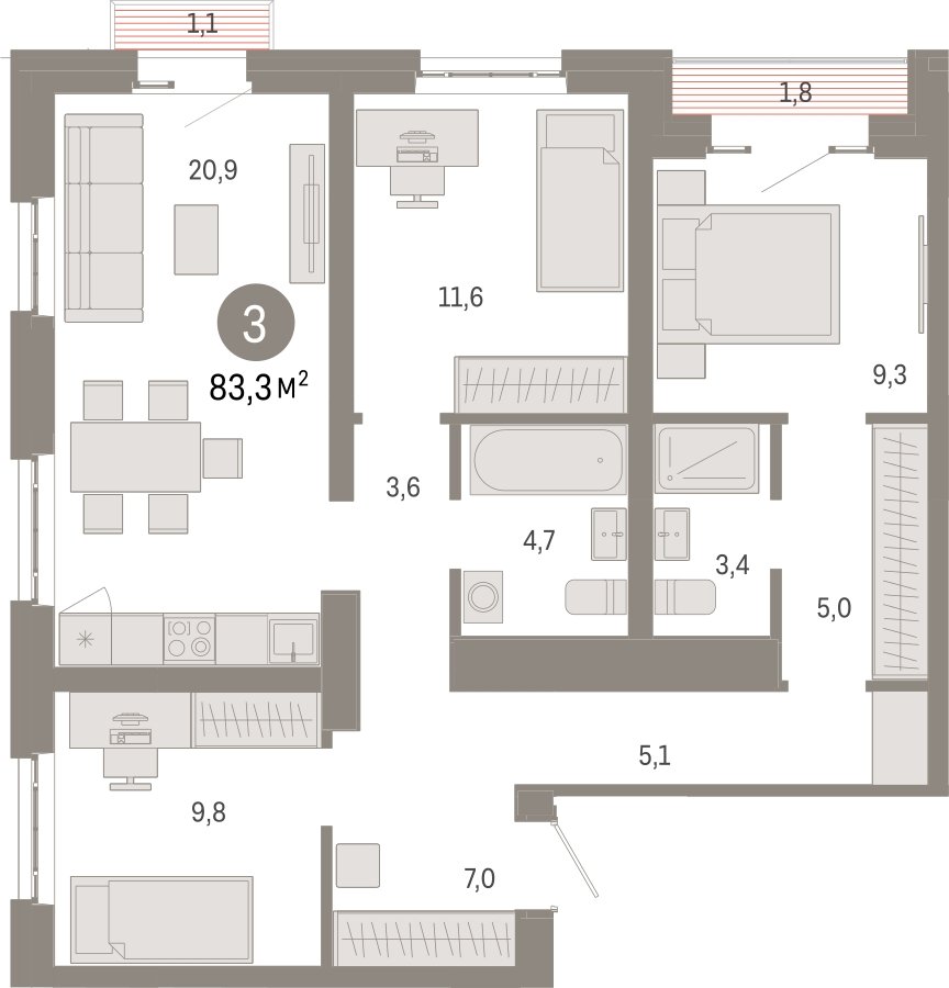 3-комнатная квартира с частичной отделкой, 83.3 м2, 3 этаж, сдача 3 квартал 2026 г., ЖК Квартал Метроном, корпус 1 - объявление 2330898 - фото №1