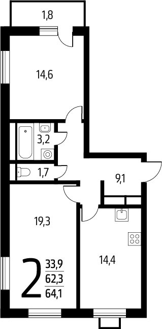 2-комнатная квартира с полной отделкой, 64.1 м2, 10 этаж, сдача 1 квартал 2025 г., ЖК Новые Ватутинки. Заречный, корпус 5/2 - объявление 2271740 - фото №1