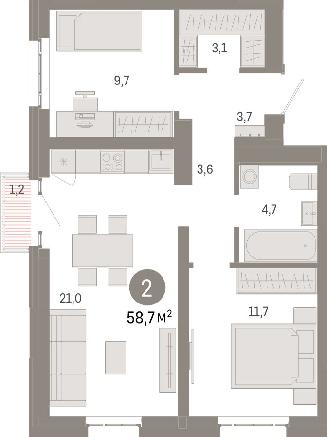 2-комнатная квартира с частичной отделкой, 58.7 м2, 11 этаж, сдача 3 квартал 2026 г., ЖК Квартал Метроном, корпус 1 - объявление 2372345 - фото №1