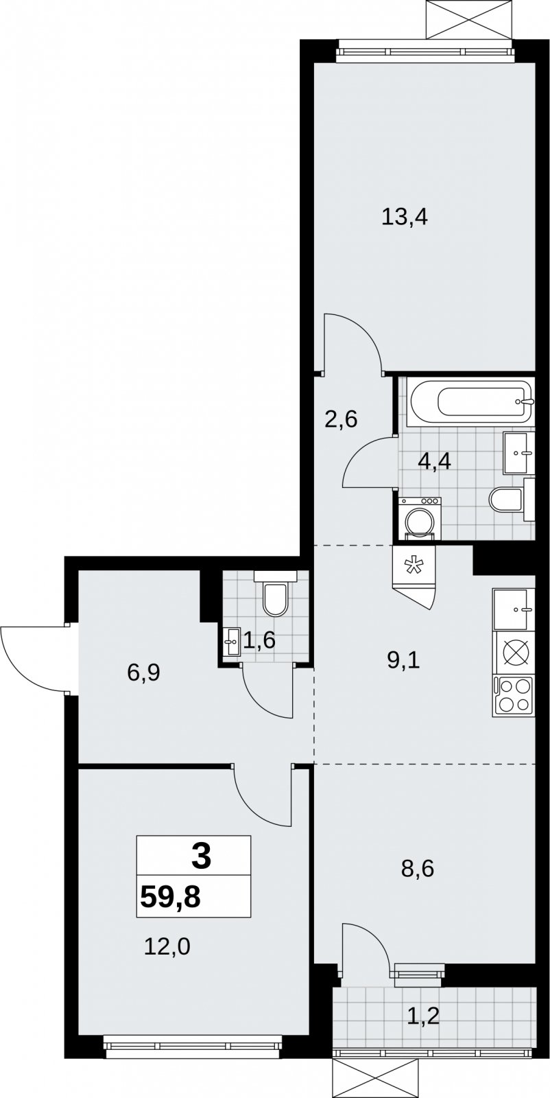 3-комнатная квартира (евро) без отделки, 59.8 м2, 6 этаж, сдача 2 квартал 2026 г., ЖК Дзен-кварталы, корпус 6.1.1 - объявление 2326966 - фото №1