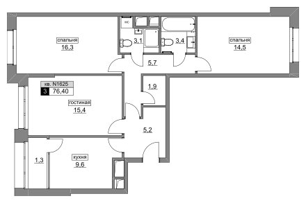 3-комнатная квартира без отделки, 76.9 м2, 16 этаж, дом сдан, ЖК Румянцево-Парк, корпус 1 - объявление 1501519 - фото №1