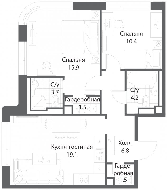 2-комнатная квартира без отделки, 63.1 м2, 19 этаж, сдача 3 квартал 2025 г., ЖК Nagatino i-Land, корпус 2 (3 очередь) - объявление 1786058 - фото №1
