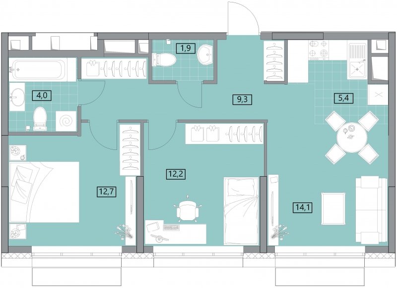 3-комнатная квартира (евро) с полной отделкой, 59.72 м2, 9 этаж, сдача 2 квартал 2022 г., ЖК Вестердам, корпус 3 - объявление 1522246 - фото №1