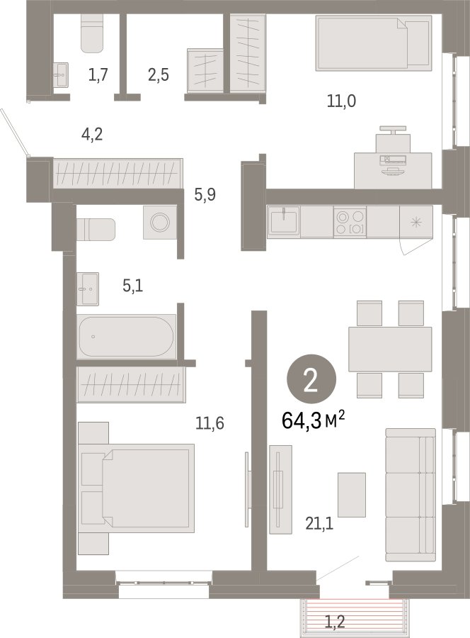 2-комнатная квартира 64.3 м2, 6 этаж, сдача 3 квартал 2026 г., ЖК Квартал Метроном, корпус 1 - объявление 2330831 - фото №1