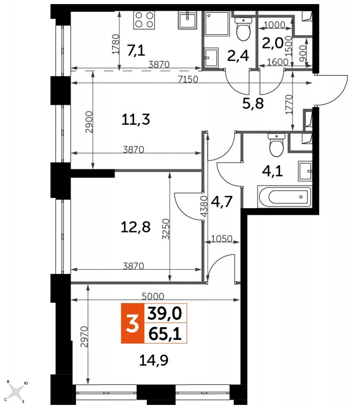 3-комнатная квартира с частичной отделкой, 65.1 м2, 21 этаж, сдача 1 квартал 2023 г., ЖК Sydney City, корпус 3 - объявление 1658334 - фото №1