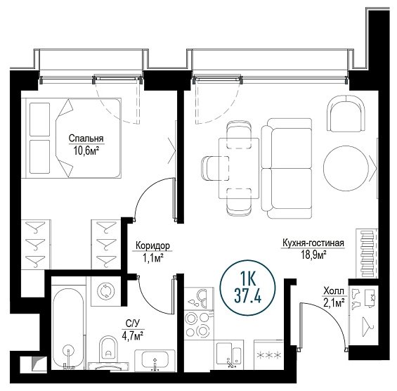 1-комнатная квартира с частичной отделкой, 37.4 м2, 13 этаж, сдача 3 квартал 2024 г., ЖК Метрополия, корпус Copenhagen - объявление 1786585 - фото №1