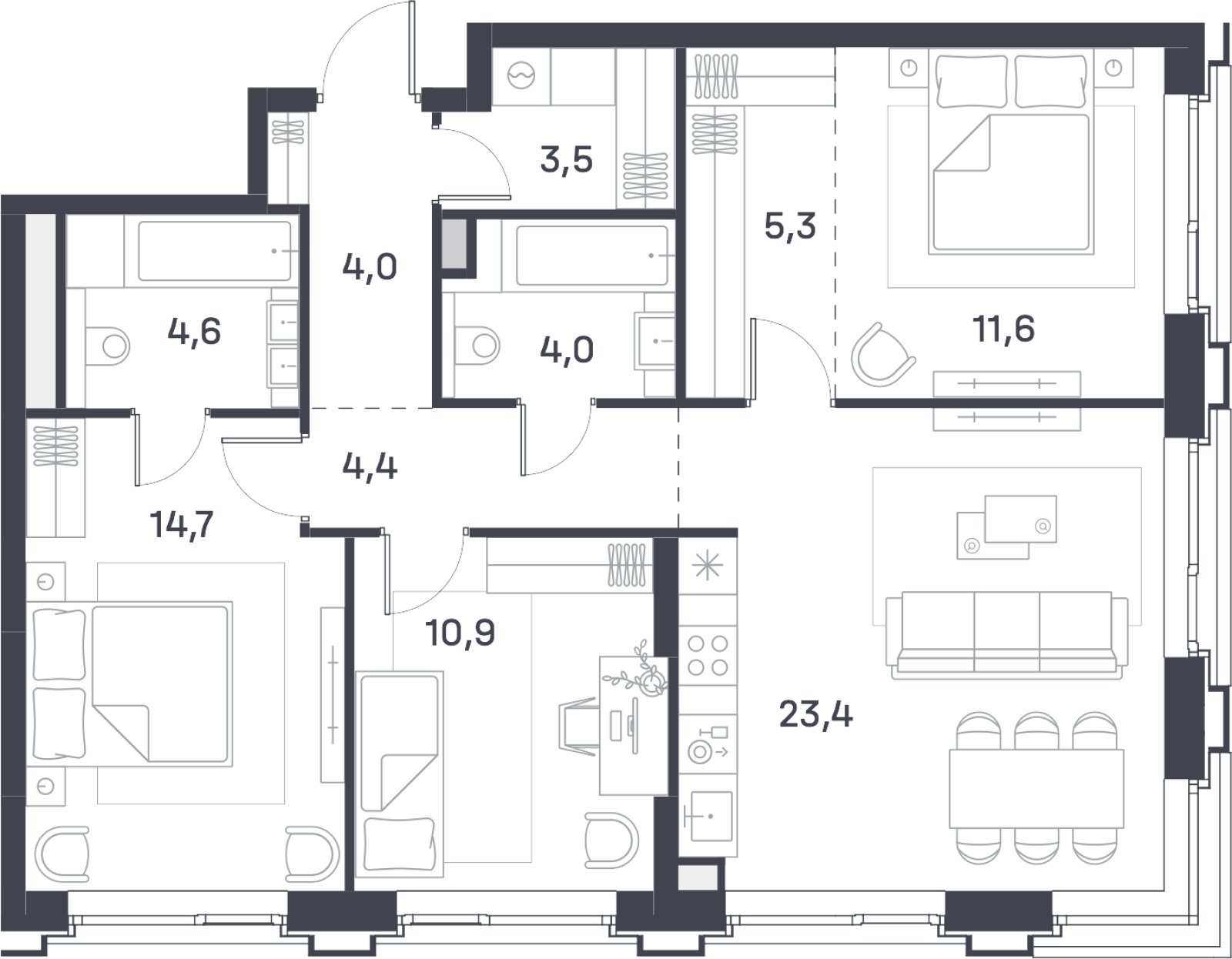 1-комнатная квартира 40.7 м2, 17 этаж, сдача 4 квартал 2025 г., ЖК Portland, корпус 4 - объявление 2353474 - фото №1