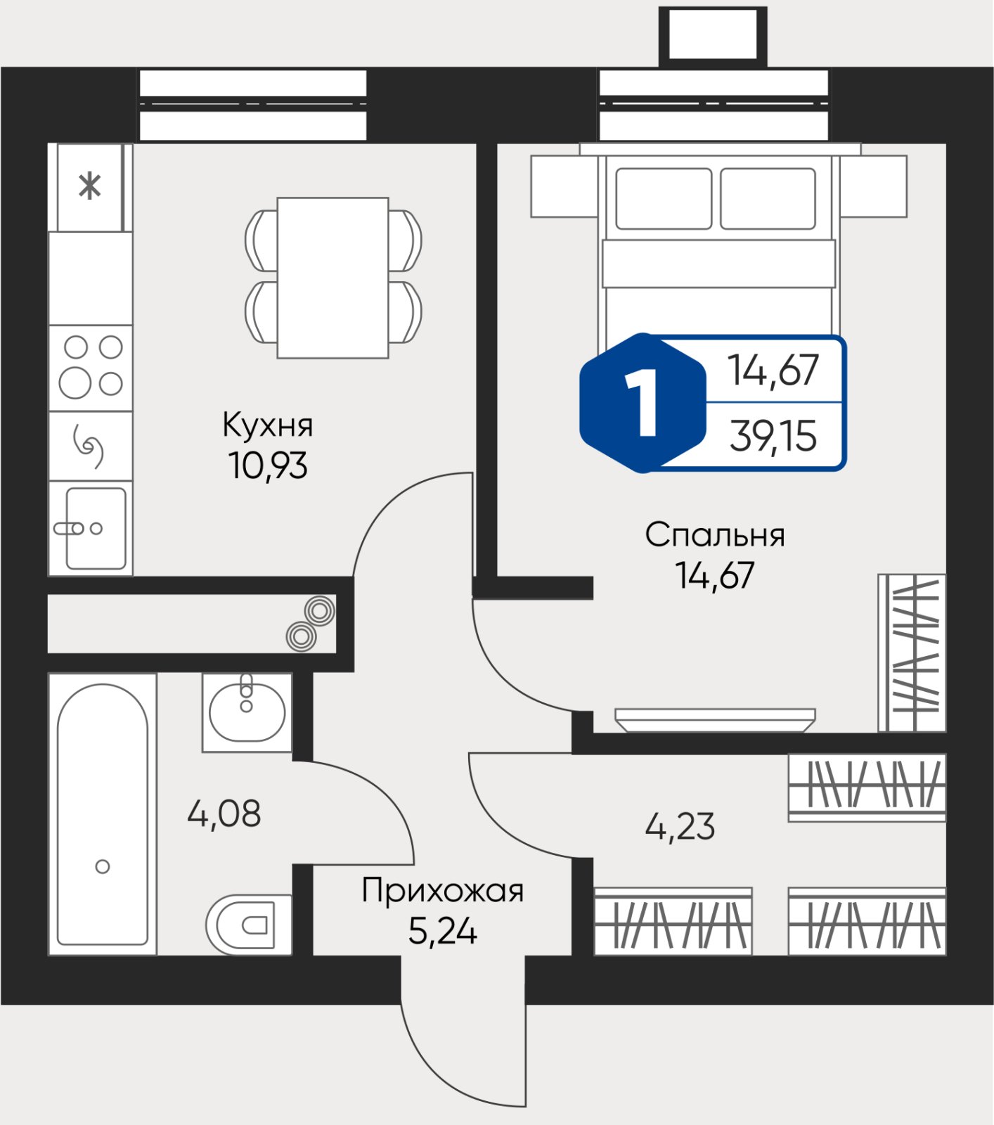 1-комнатная квартира без отделки, 39.15 м2, 1 этаж, сдача 4 квартал 2027 г., ЖК Мечта, квартал Дружба, корпус 1 - объявление 2409318 - фото №1