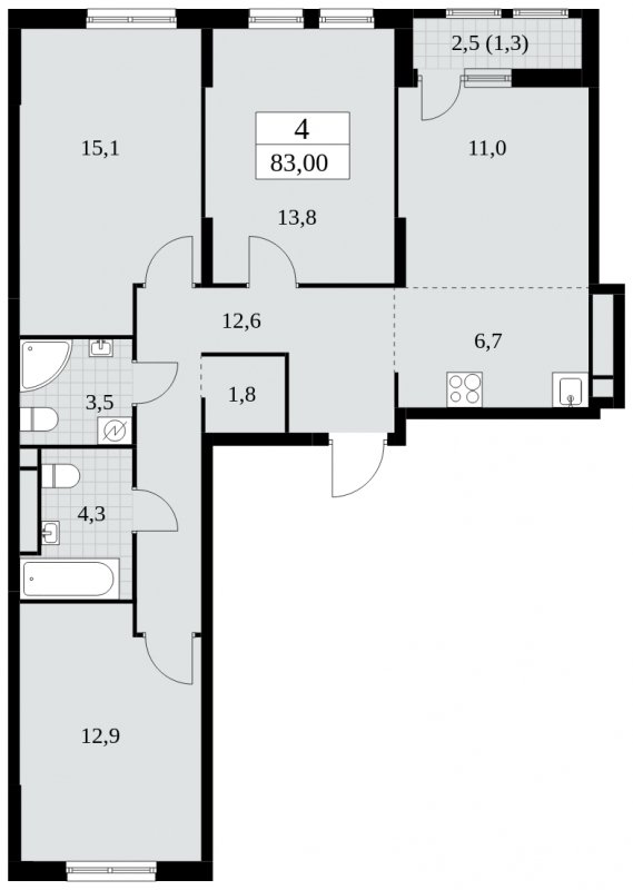 4-комнатная квартира (евро) с частичной отделкой, 83 м2, 7 этаж, сдача 2 квартал 2025 г., ЖК Южные сады, корпус 2.1 - объявление 1759891 - фото №1