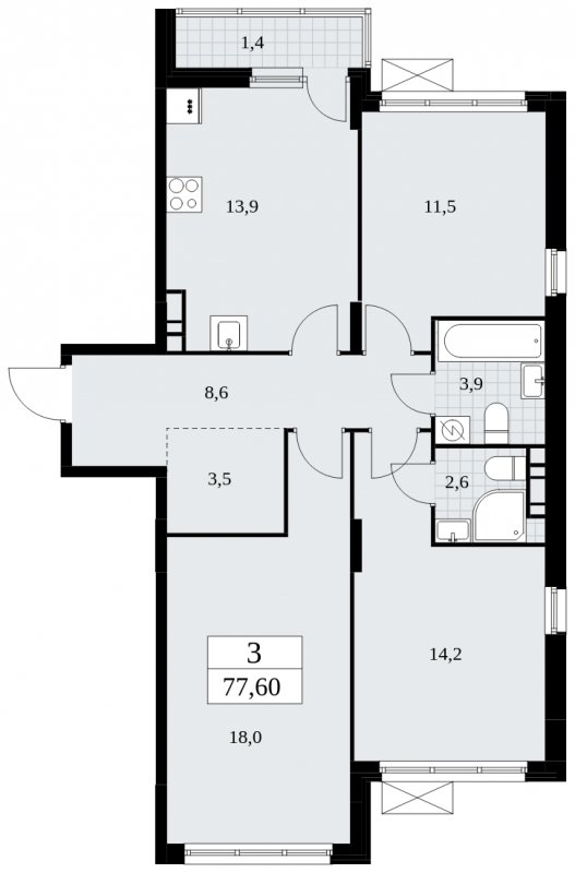 3-комнатная квартира без отделки, 77.6 м2, 5 этаж, сдача 4 квартал 2024 г., ЖК Скандинавия, корпус 35.2.3 - объявление 1841222 - фото №1