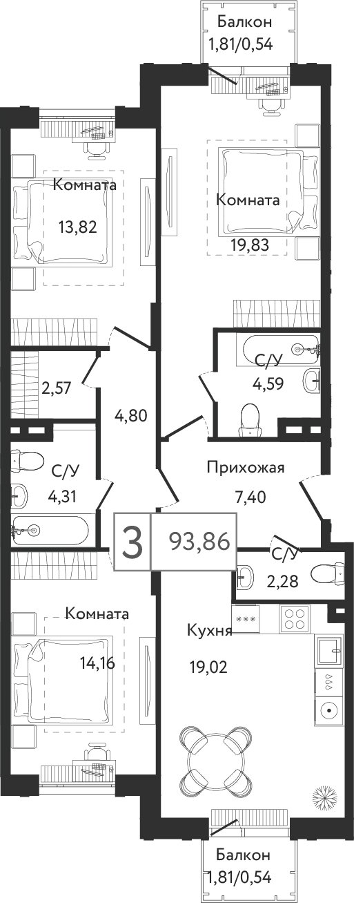 3-комнатная квартира без отделки, 93.86 м2, 2 этаж, сдача 3 квартал 2023 г., ЖК Dream Towers, корпус 3 - объявление 2261238 - фото №1