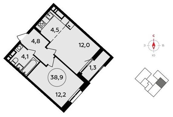 2-комнатная квартира (евро) без отделки, 38.9 м2, 16 этаж, сдача 3 квартал 2023 г., ЖК Прокшино, корпус 4.5 - объявление 1498533 - фото №1