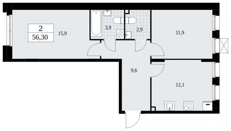 2-комнатная квартира без отделки, 56.3 м2, 2 этаж, сдача 4 квартал 2024 г., ЖК Бунинские кварталы, корпус 1.3 - объявление 1834672 - фото №1